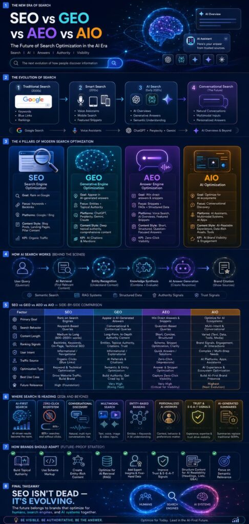 SEO vs GEO vs AEO vs AIO SEO vs GEO vs AEO vs AIO infographic